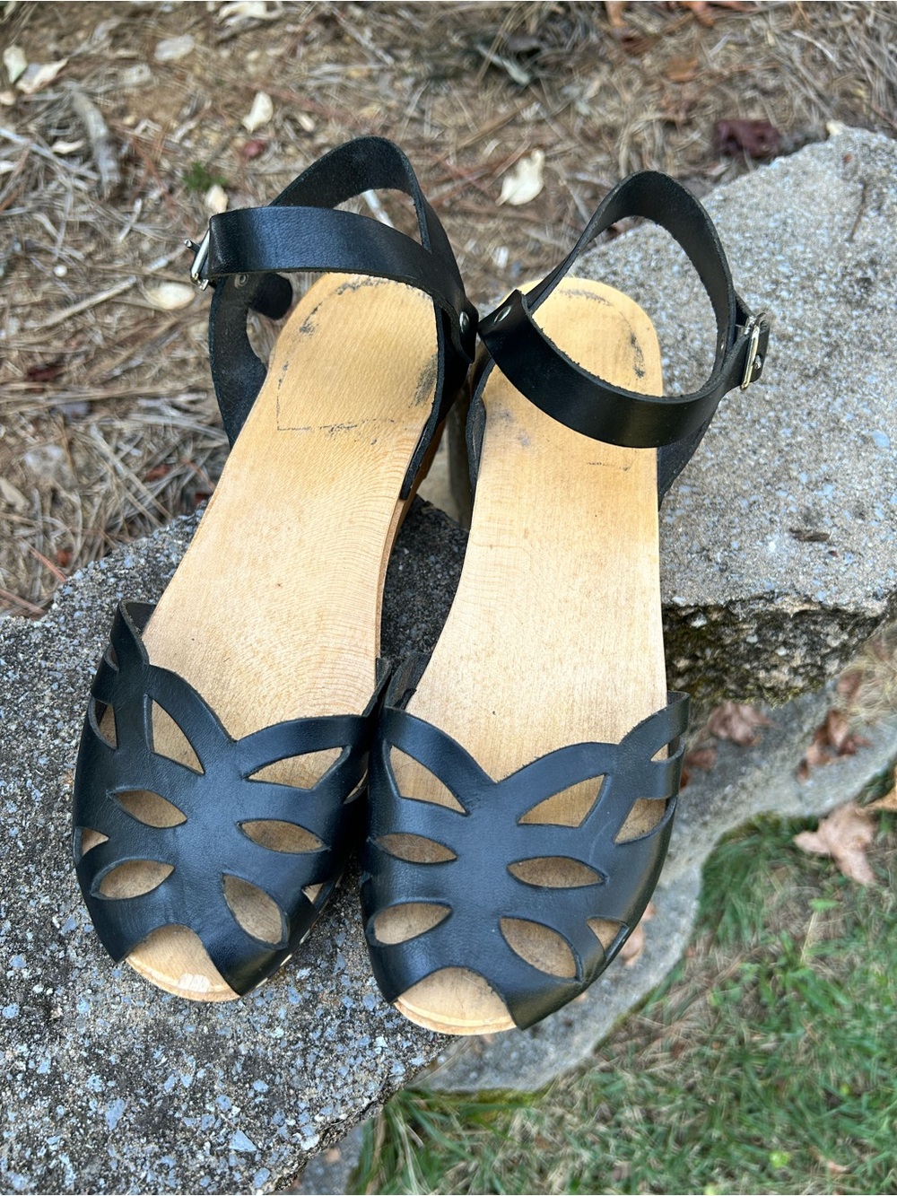 Swedish Hasbeens Black Cutout Leather Ankle-Strap Sandals